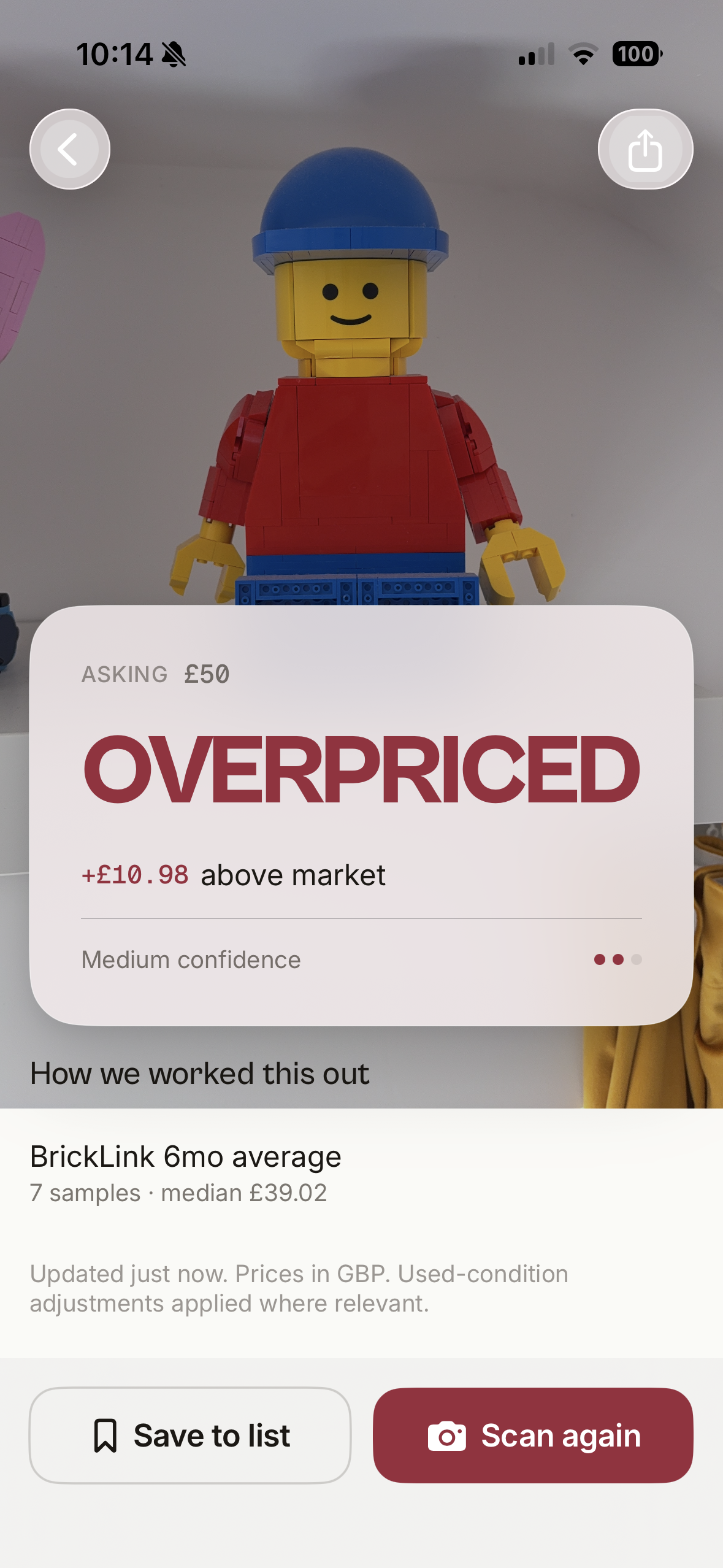 Condition screen with asking price