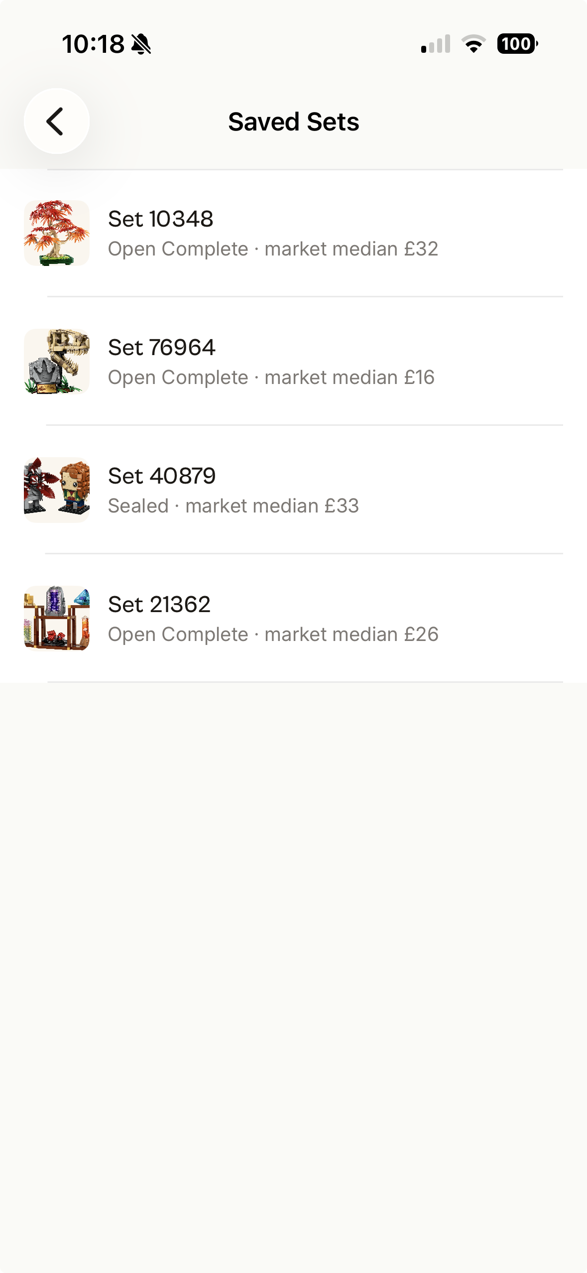 Watchlist showing two saved sets